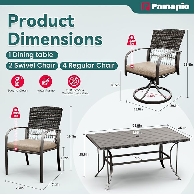 Pamapic 7-Piece Outdoor Dining Set with Table, Patio Furniture Includes 2 Swivel Chairs, 4 Wicker Chairs & Beige Removable Cushions, Weather Resistant Iron Frame for Backyard, Deck, Garden (Beige) - Image 5