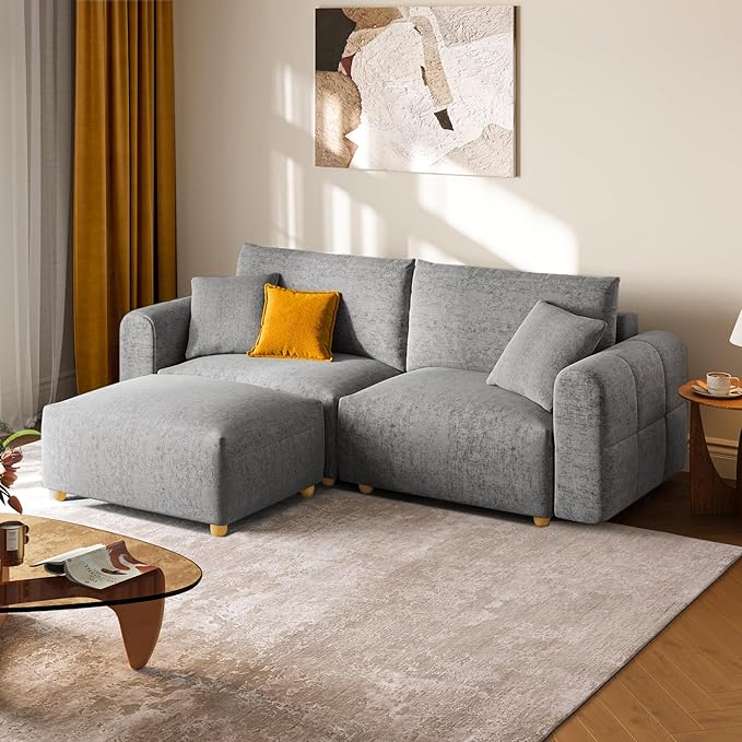 LINSY HOME Cloud Couch Sectional, Modular Sofa Sectionals for Living Room Bedroom, 91" L Shape Love Seat Couch with Ottoman, 2 Seater Deep Seat Cozy Couch Luxury Chenille Sofas, Grey