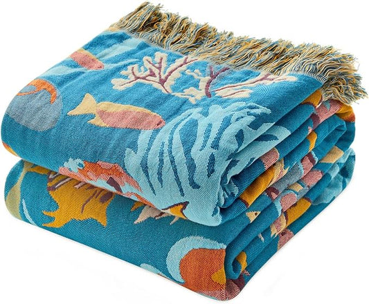 LUTBM Throw Blanket for Bed 100% Cotton Blankets for Bedroom Living Room Spring Twin All Season Underwater Ocean Life Embroidery Reversible Breathable Quilt for Couch Sofa Coastal Home Decor 60"x80"