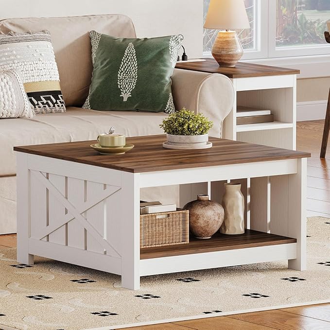 DWVO Farmhouse Coffee Table, Square Coffee Table with Storage, Rustic Wood Cocktail Table, for Living Meeting Room with Half Open Storage Compartment, Brown with White