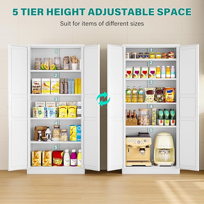 SISESOL 71" Tall Pantry Cabinet with 2 Doors and 5 Shelves,Kitchen Pantry Storage Cabinets,White Metal Storage Cabinet,Wide Deep Food Cupboard for Home,Kitchen,Dining/Living Room
