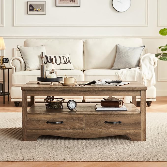 LINSY HOME Farmhouse Coffee Table with Storage, Wood Coffee Table for Living Room, Open Display Area and Storage Drawers with Metal Handles, Chic Style with Curved Base, Brown