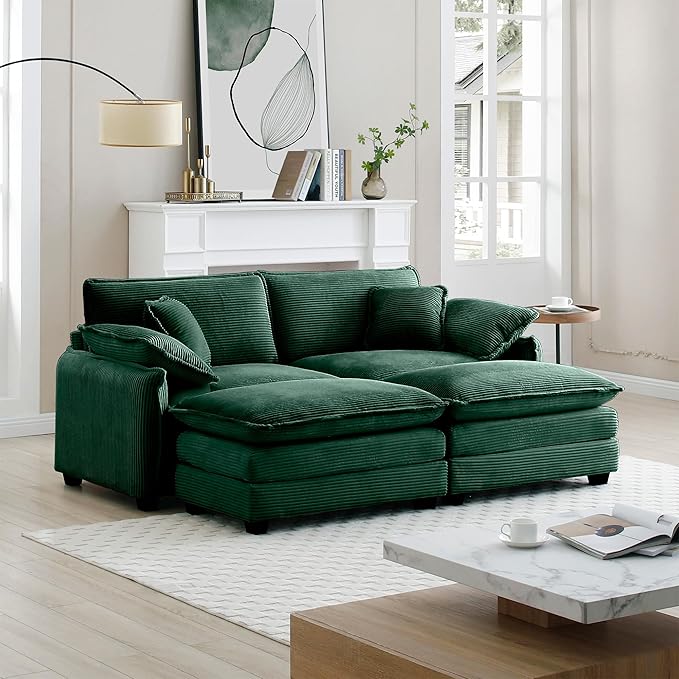 KEIKI 81" Oversized Corduroy Modular Sectional Loveseat Sofa with 2 Ottoman, High-Density Foam Cushions, Removable Armrests, Upholstered 2-Seater Corner Couch with 4 Pillow, for Living Room, Green