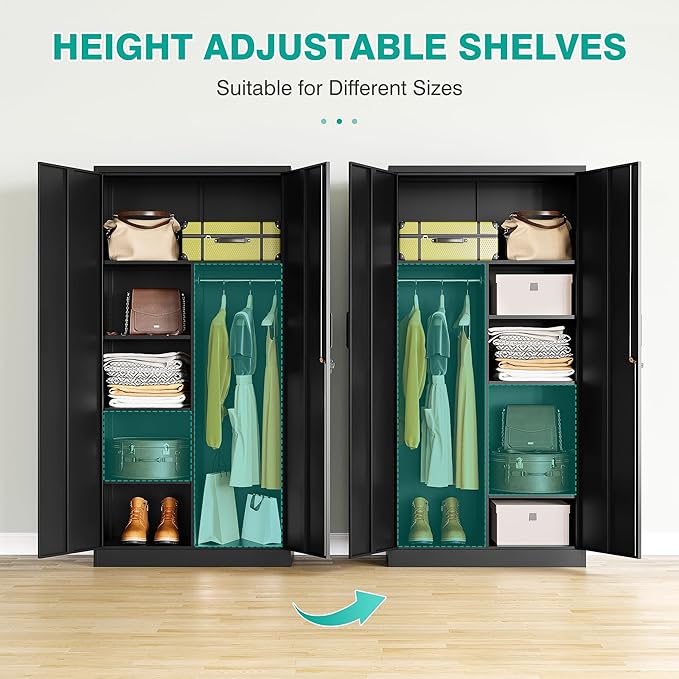 Metal Wardrobe Cabinet with Lock,72" Armoire Closet with Hanging Rod,Lockable Storage Locker,Black Storage Cabinet with Locking Doors,Garage Closet,Steel Wardrobe for Home,Bedroom,Office,Employee,Shop