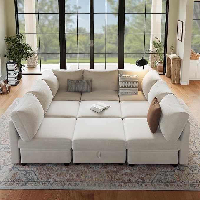 Sectional Couches for Living Room, Cloud Couch Sectional with Large Storage, l-Shape Modular Sectional Sofa with Ottoman (Beige 9-Seater)
