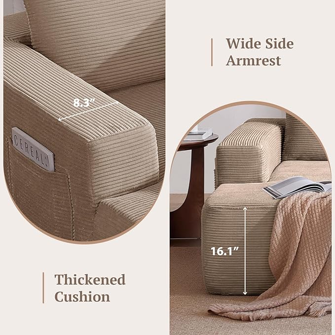 97inch Boneless L-Shaped Sectional Sofa with Throw Pillow & Side Pockets- No Assembly Compressed Modular Couch, Memory Foam, Deep Seat for Living Room, Bedroom, Apartment Camel Left