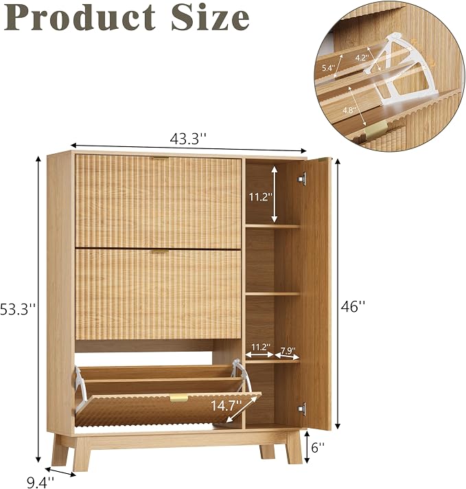 Shoe Cabinet Storage for Entryway with 3 Flip Drawers & Side Cabinet, Fluted Narrow Shoe Organizer with Wooden Leg, Freestanding Shoe Storage Hidden Shoe Rack Organizer for Front Door Entrance, Oak - Image 2