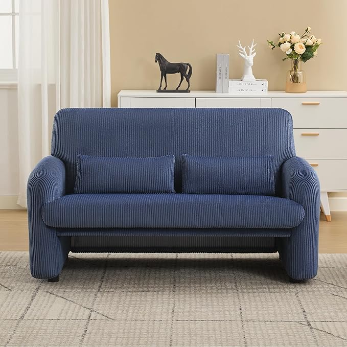 WUTUTUEE 56'' Corduroy Loveseat Sofa, 2 Seater Love Seat Couch for Small Space, Comfy Upholstered Modern Leisure Loveseat Couches with Lumbar Pillows for Bedroom, Office, Living Room, Blue