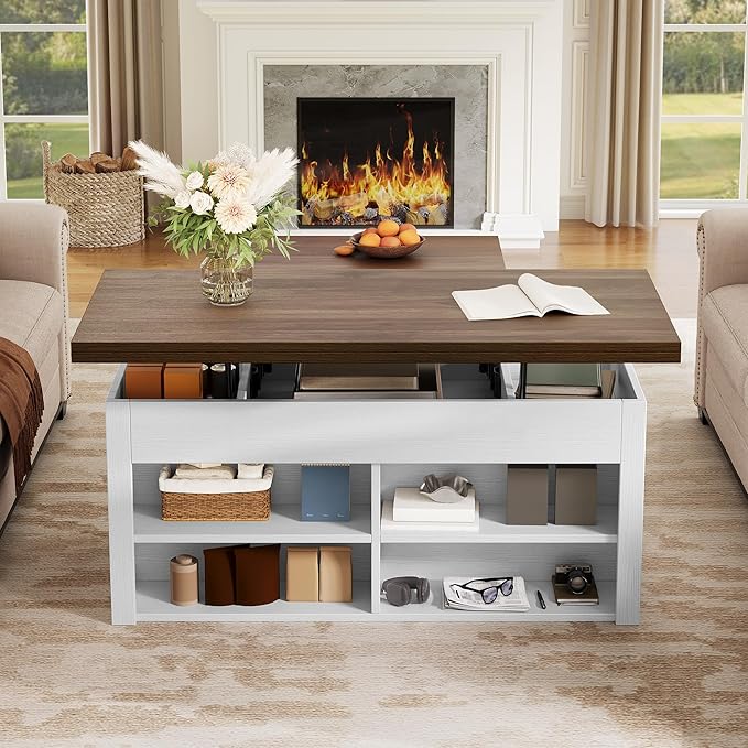 YITAHOME Lift Top Coffee Table Set with Storage Ottoman Bench & Wheels, 4 in 1 Convertible Dinning Center Tables with Hidden Compartment, Farmhouse Coffee Tables for Living Room Furniture, Brown Top