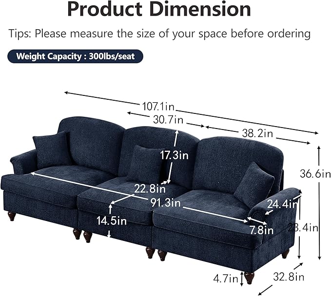 KEIKI Mid Century Modular Sofa with Flared Arms and Skirted Design, 107” Oversized 3-Seater Loveseat Chenille Sectional Couches Set for Living Room, Comfy Sofa and Loveseat Furniture Set, Blue
