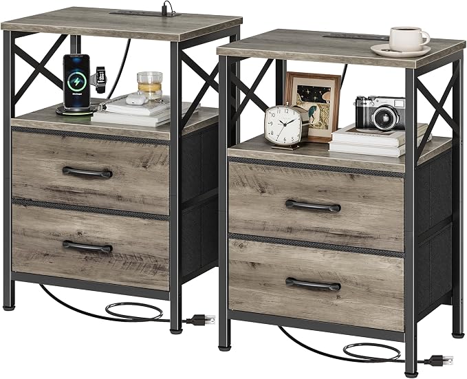 Huuger Nightstands Set of 2, Night Stand with Charger Station, 2 Drawer Side Table with Open Shelf, USB-C Port, End Table for Small Spaces, X Shaped Side Rail, Oak by Huuger