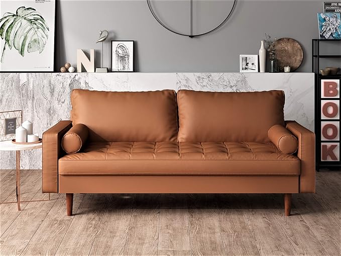 Womble Mid Century Modern Couch with Bolster Pillows, PU Leather Upholstered Tufted Seat, Versatile Retro Design for Comfortable Living Spaces, Loveseat, Sofa, Coffee Brown