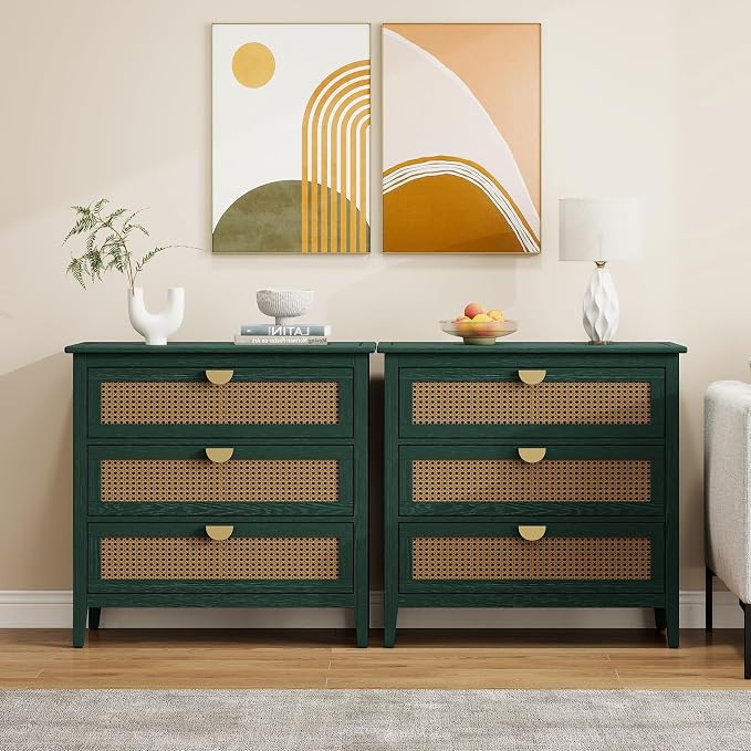31.5" Wide Rattan Nightstand with 3 Drawers, Modern Boho Storage Cabinet with Solid Wood Legs & Golden Handles, Large Accent Table for Bedroom, Green, 2 PC by LFGUIZO