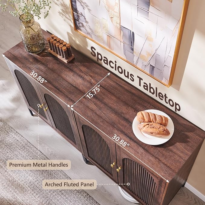 IFGET Modern TV Stands for 85 Inch TVs, 123.5‬"W Wood Entertainment Center w/Adjustable Shelves, Mid Century Modern TV Stand w/Arched Fluted Doors, Media Console Cabinet for Living Room, Brown - Image 5