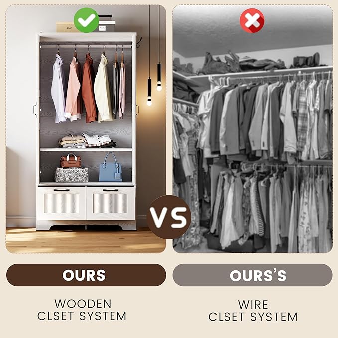 ANCTOR Armoire Wardrobe Closet, 71" H Wooden Clothing Storage Cabinet with 2 Doors and 2 Drawers, Bedroom Freestanding Wardrobe Combination with Hanging Rod and Shelves, White