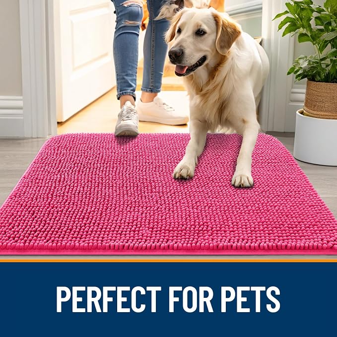 OLANLY Dog Door Mat for Muddy Paws 40x32, Absorbs Moisture and Dirt, Absorbent Non-Slip Washable Doormat, Quick Dry Chenille Mud Mat for Dogs, Entry Indoor Entryway Carpet for Inside Floor, Hot Pink - Image 5