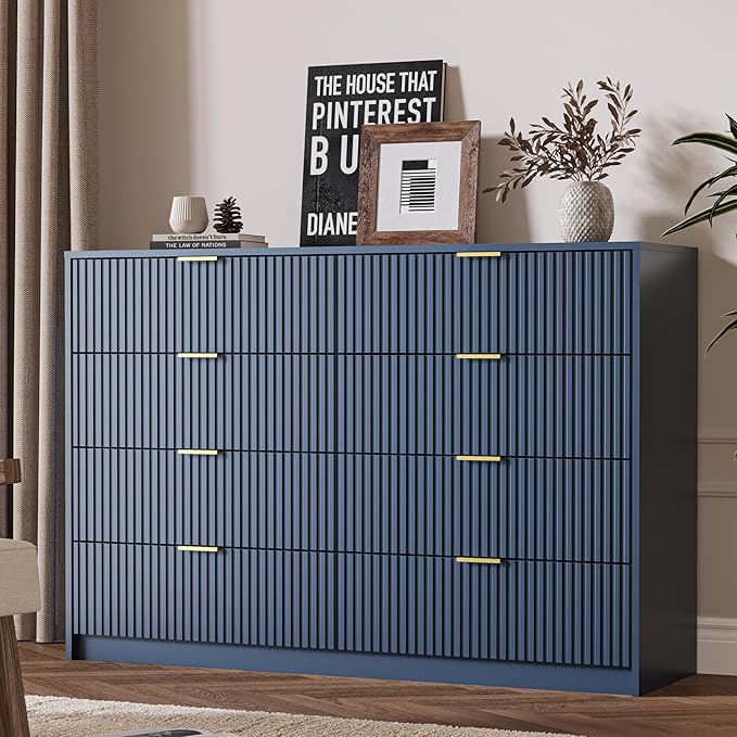 MAISONARIA 3-Piece Dresser Bedroom Set, 8 Drawer Dresser & 3 Drawer Nightstands with Gold Handles, Fluted Wood Chest of Drawers for Bedroom, Living Room, Entryway, Navy Blue