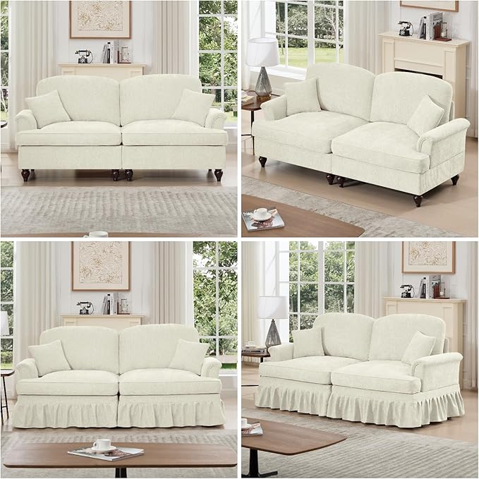 Oversized Large Two Seater Sofa, Comfy Chenille Love Seat Couch with Removable Ruffles Pleats & Large Petal-Shaped Armrests, Elegant Mid Century Convertible Sofa with Spindle Legs, Beige White