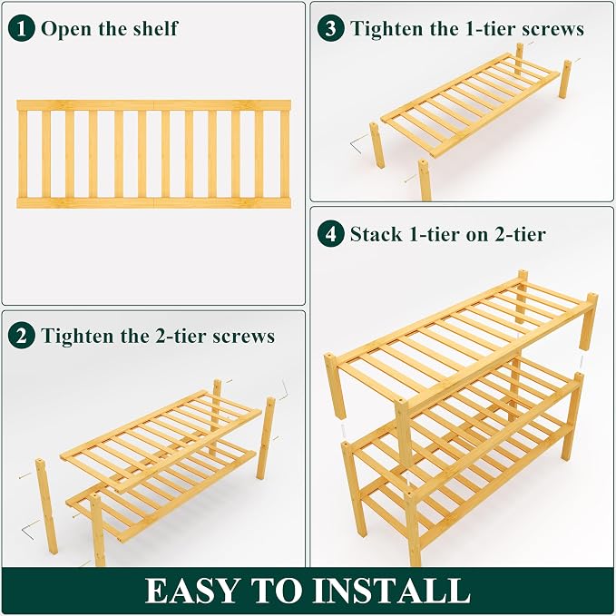 Smiry Shoe Rack, 3 Tier Bamboo Shoe Organizer, Stackable Free Standing Wooden Shoe Storage Shelf for Closet, Entryway, Front Door Entrance, Natural - Image 6