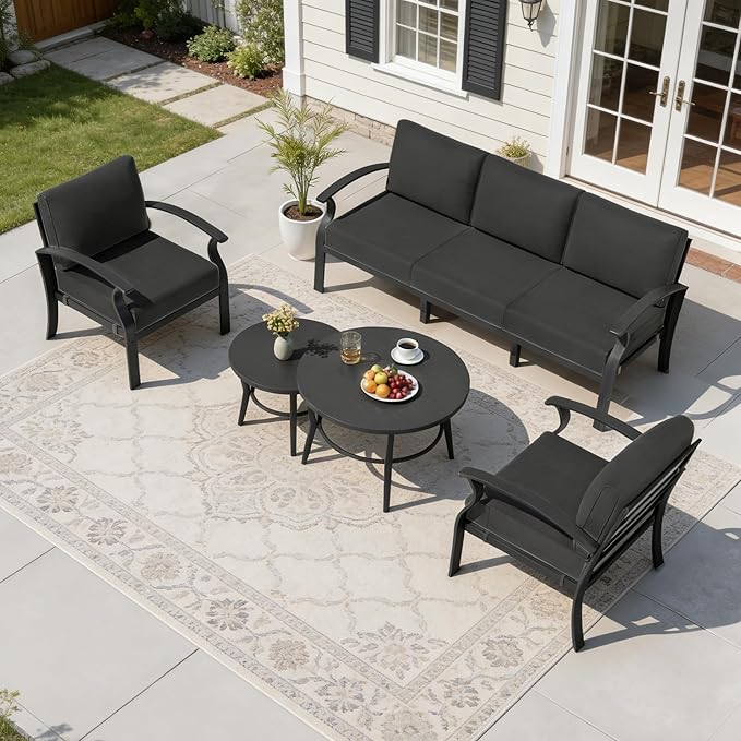 Aluminum Outdoor Patio Furniture Set,5 Seats Patio Conversation Sets with 2 Round Coffee Tables,Metal Patio Sectional Furniture Set with 5.1" Thickened Cushions,Black