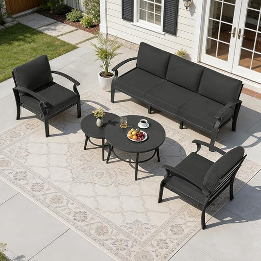 Aluminum Outdoor Patio Furniture Set,5 Seats Patio Conversation Sets with 2 Round Coffee Tables,Metal Patio Sectional Furniture Set with 5.1" Thickened Cushions,Black