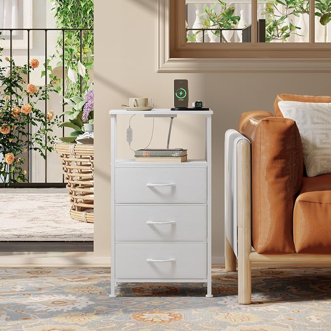 Somdot Nightstands Set of 2,Bedside Tables with Charging Station and LED Lights,Night Stand with 3 Fabric Drawers, End Tables with Open Shelf for Small Spaces Bedroom Entryway Hallway, White Leather - Image 7