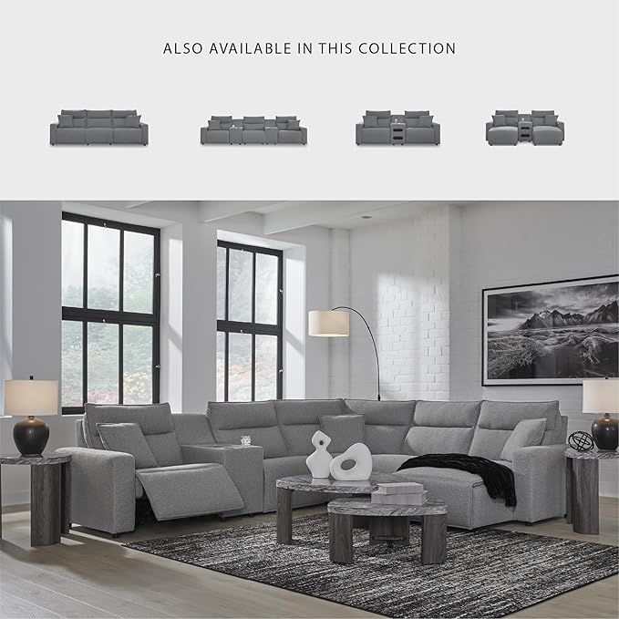 Signature Design by Ashley Modern ModMax II Stain Resistant U-Shape Right-Arm Facing 6-Piece Power Reclining Sectional with Chaise and Adjustable Headrest, Gray