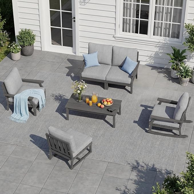 HDPE Patio Conversation Set, 6-Piece All Weather Outdoor Furniture Set with 1 Single Rocking Armchairs for Deck, Lawn, with Cushion, Gray