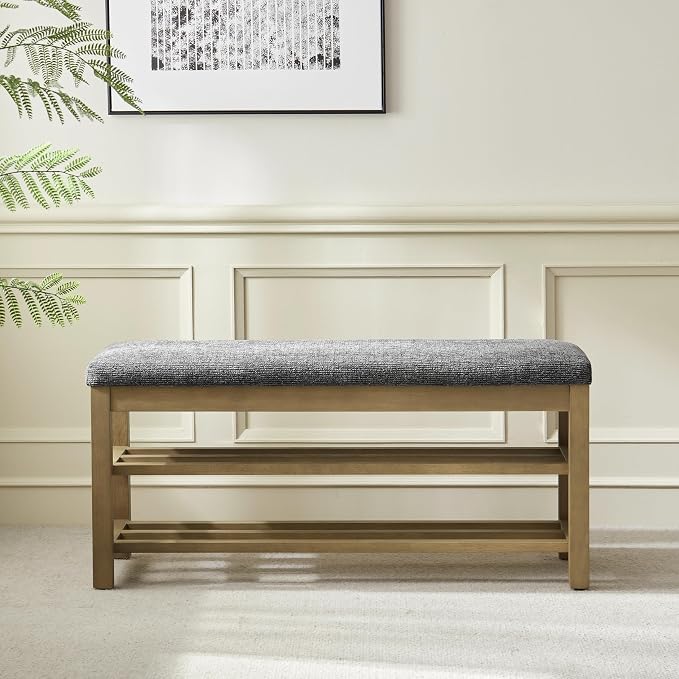 VKNOW 44.3” Wooden Entryway Bench, 2-Tier Upholstered Shoe Storage Bench for Bedroom, Storage End of Bed Bench with Rubberwood Legs for Living Room, Hallway, Black - Image 7