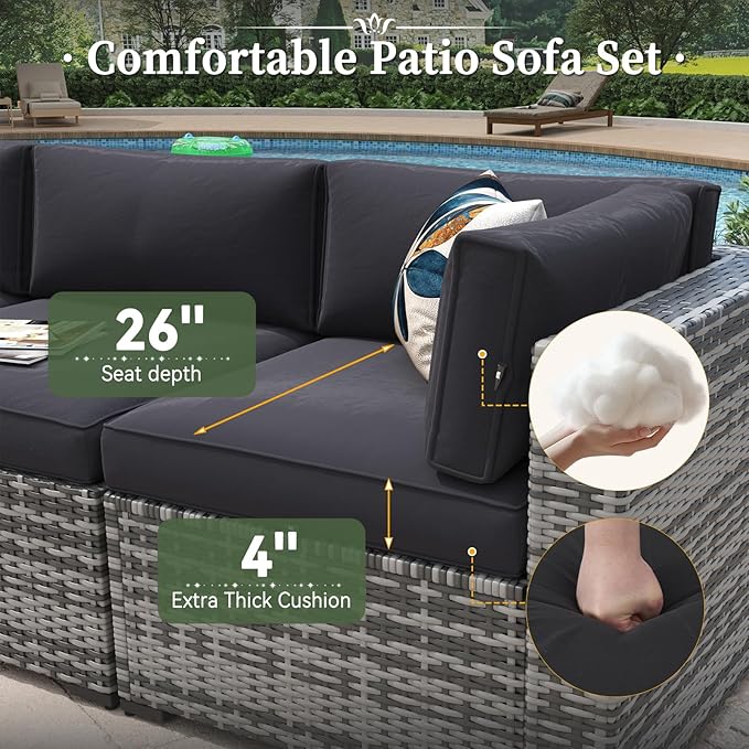 Aoxun 7 Piece Patio Furniture Set with Wide Armrests & 44” Fire Pit Table Wicker Rattan Outdoor Sectional Sofa Set with Coffee Table and Thickened Cushions, Gray/Blck(Waterproof Cover Included)
