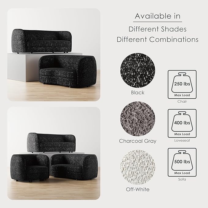Furniture of America Nimiane Modern Boucle 2 Piece Sofa and Loveseat Set with Curved Arms and Wooden Legs, Accent Furniture Sets for Living Room, Home Office, Bedroom, Black