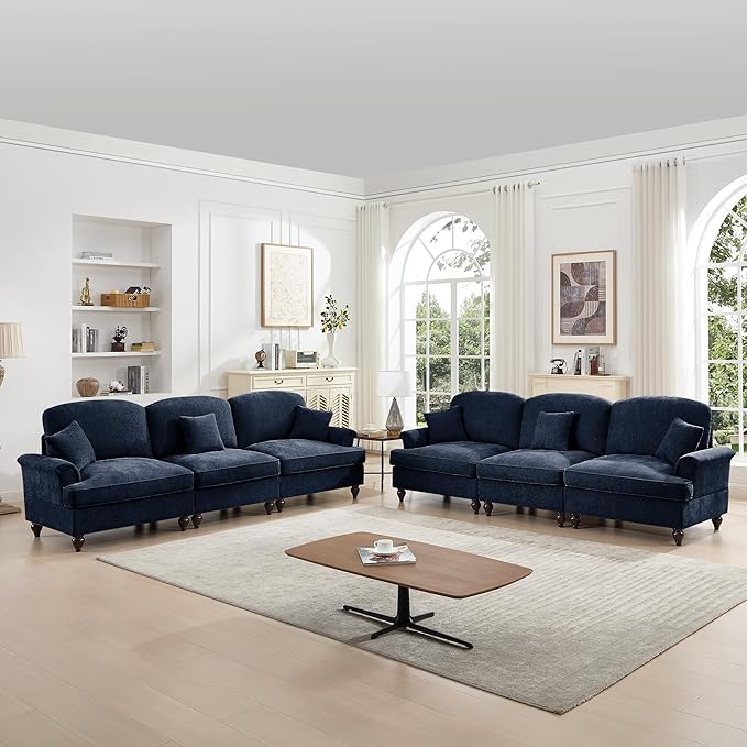 KEIKI Mid Century Modular Sofa with Flared Arms and Skirted Design, 107” Oversized 3-Seater Luxury Chenille Sectional Couches Set for Living Room, Modern Comfortable for Big Living Spaces, Blue
