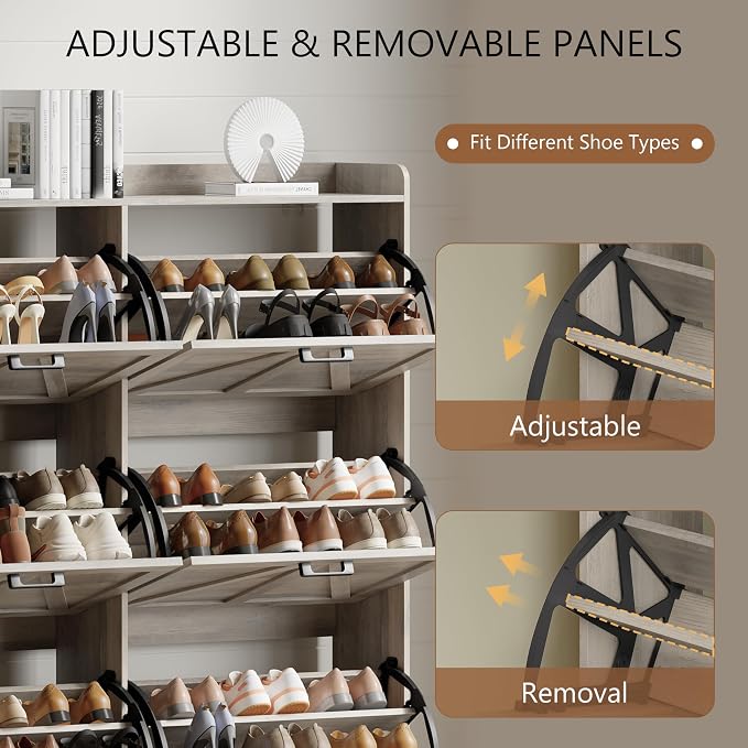 Shoe Cabinet with 6 Flip Drawers, Freestanding Hidden Shoe Storage Organizer for Entryway, Narrow Slim Shoe Rack Cabinet with Open Storage & Hooks for Front Door Entrance, Living Room, Hallway, Grey - Image 4