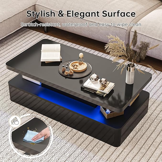 40" Modern Living Room Tables, LED Coffee Table with LED Lights, 2 Tier Rectangular Center Table with Large Storage, High Glossy Surface, Tea Table for Living Room, Black