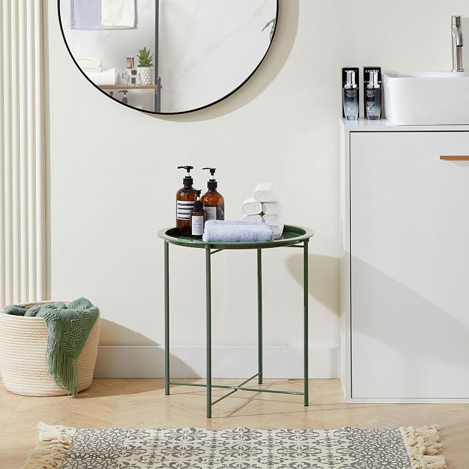 VECELO Side/End Table, Folding Round Metal Anti-Rust and Waterproof Outdoor or Indoor Tray for Living Room Bedroom Balcony and Office, 2 PCS, Dark Green - Image 7