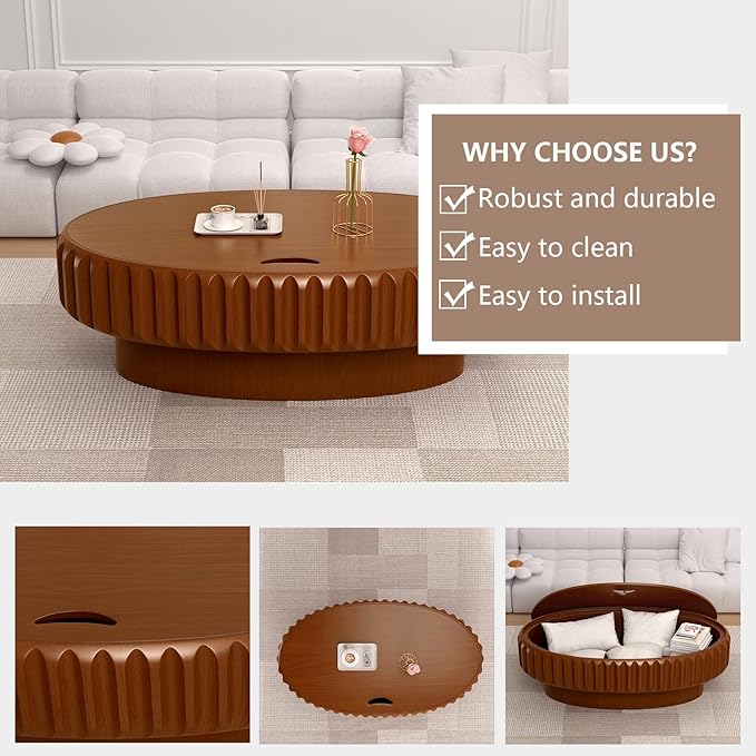 Round Drum Coffee Table White Fluted Coffee Table Circle Center Table Pedestal End Table for Apartment (Oval 43.3in)