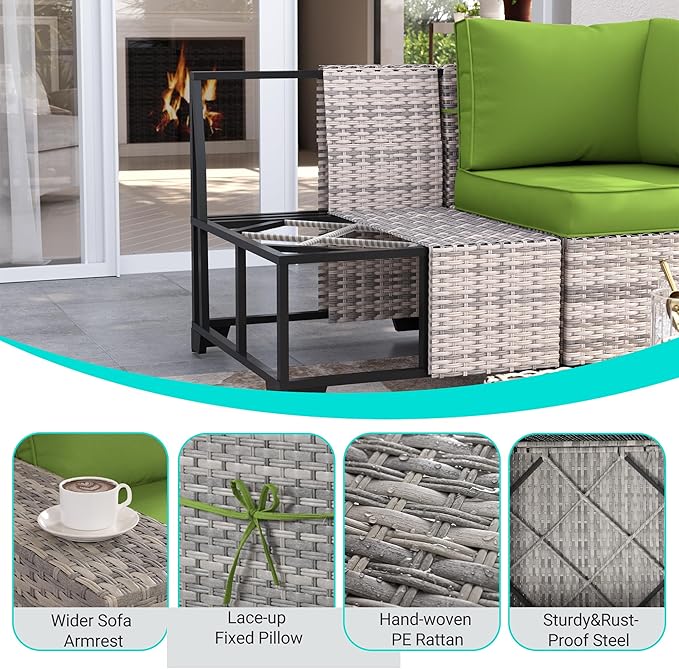 13-Piece Outdoor Patio Furniture Set with 55,000 BTU Fire Pit Table, PE Wicker Rattan Sectional Sofa Patio Conversation Set with Coffee Table, Avocado Green