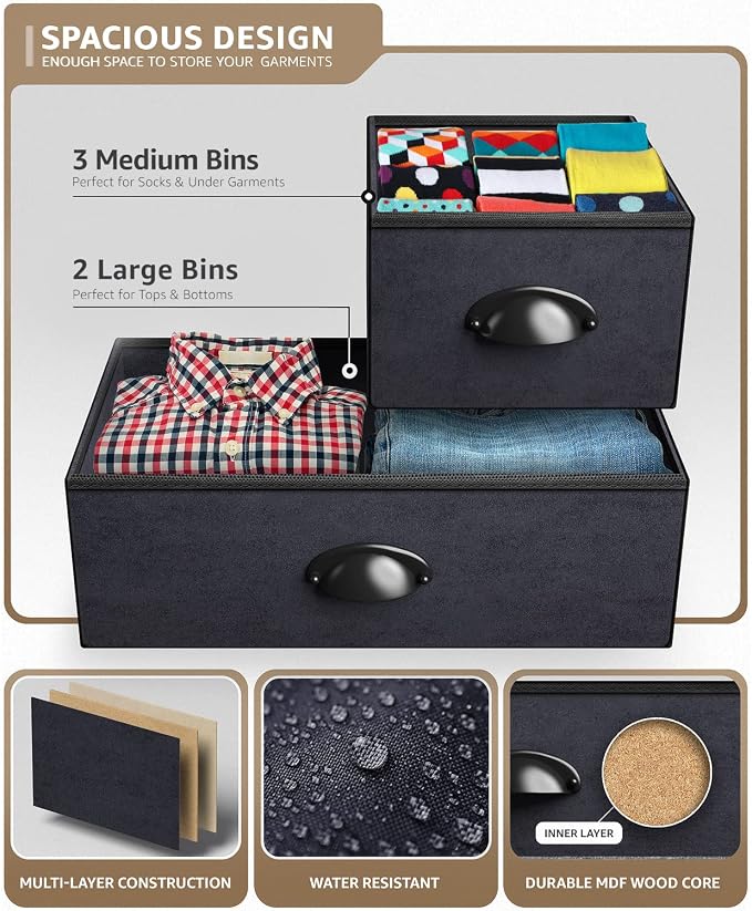Sorbus Dresser with 5 Drawers - Storage Chest Organizer Unit with Steel Frame, Wood Top, Easy Pull Fabric Bins - Long Wide TV Stand for Bedroom Furniture, Hallway, Closet & Office Organization - Image 5