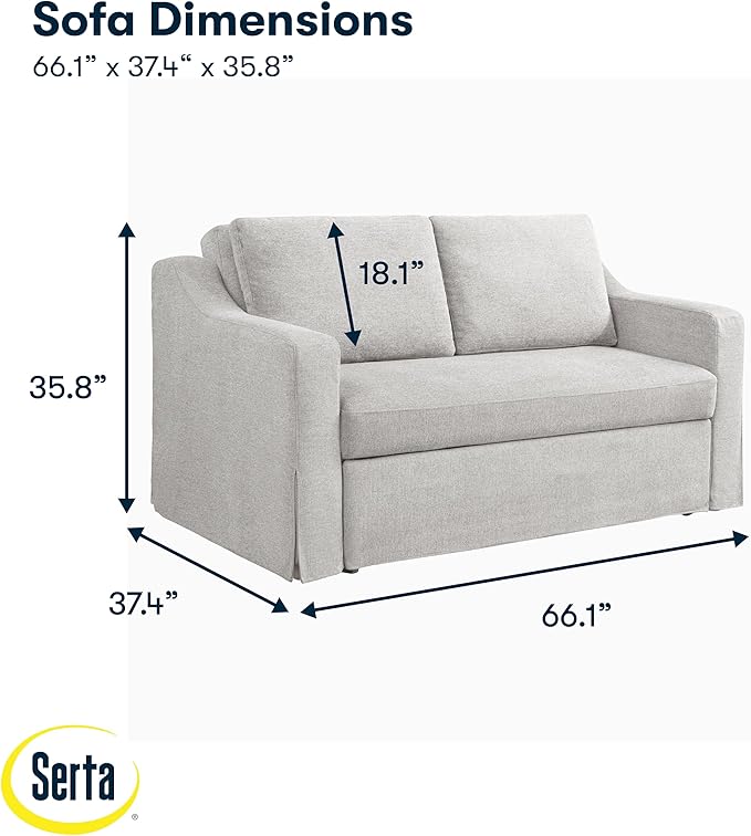 Serta Hawthorne 66.1" Slipcovered Convertible Sleeper Loveseat, Full Size, Dreamcoil Comfort, FingerGuard Pinch Point Protection, Polyester Tweed Fabric, Linen