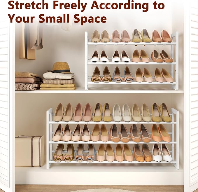 FAVOOSTY 3-Tier Expandable Shoe Rack, Adjustable Shoe Shelf Storage Organizer Space Saving Metal Free Standing Shoe Rack for Entryway Closet Doorway, White - Image 6