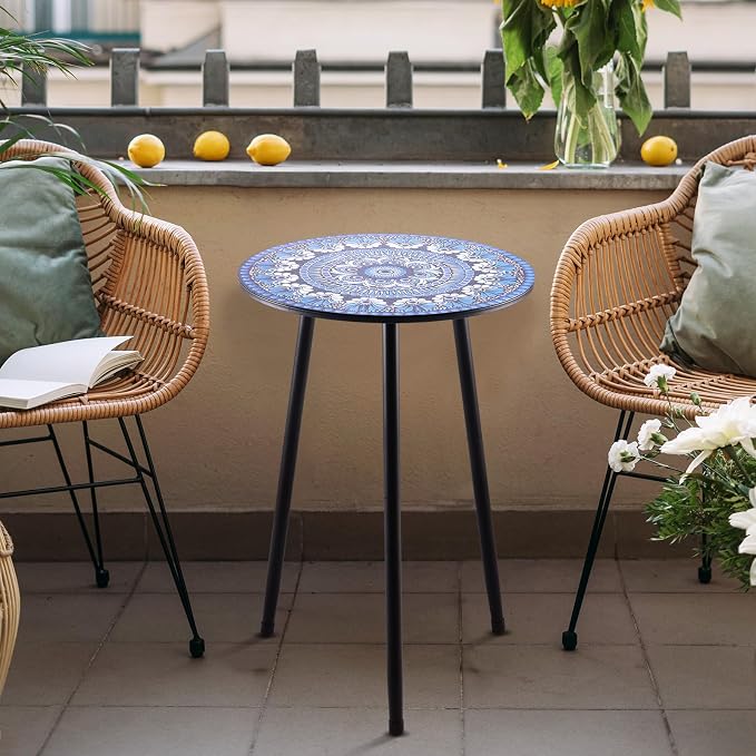 Metal Outdoor Side Tables Set of Two Small Outside Round End Table for Patio Modern Accent Garden Corner Table for Small Spaces, Balcony, Porch, Weather-Resistant, Plant Stand Indoor, Blue - Image 2