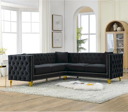 KEIKI 82.2" Tufted Velvet Corner Sofa, 5 Seat Couch, L-Shaped Sectional Couch for Living Room, Buttons Tufted Square Arm Couch for Home Apartment, Black