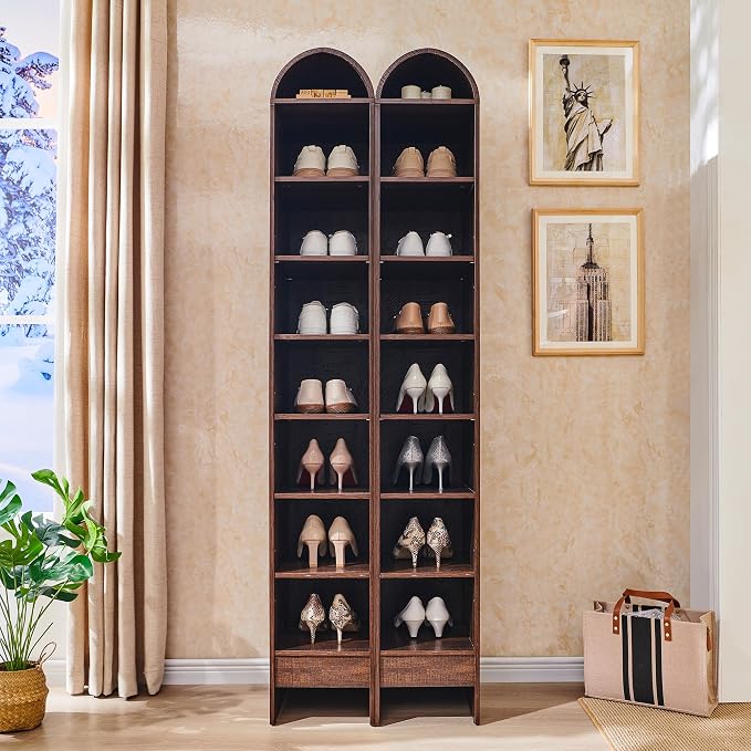 IFGET 67" Tall Arched Shoe Storage Cabinet, 8 Tiers 8 Pairs Wooden Shoe Rack with 3 Adjustable Shelves, Freestanding Shoe Closet Shelf Organizer for Entryway, Hallway, Living Room (Brown) - Image 5