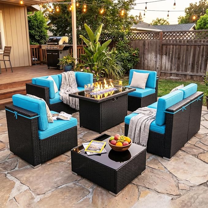 8 Pieces Patio Furniture Set with 44" Propane Gas Fire Pit Table, Outdoor Sectional Wicker Conversation Sofa Sets with Coffee Table