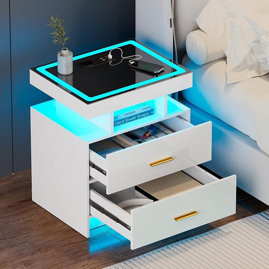 Led Nightstand with Charging Station & 3 Color Dimmable Light for Living Room White, Smart Bedside Table with Glass Top 2 Drawers, Night Stand with USB Type-C Port for Bedroom by JDPAG