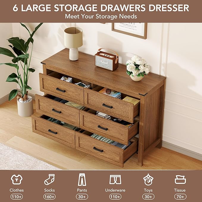 EazeHome 3 Piece Bedroom Set - Includes 6 Drawer Dresser for Bedroom, Set of 2 Nightstands with Open Storage Shelf and Drawers, Retro Dresser and Nightstand Sets, Rustic Brown