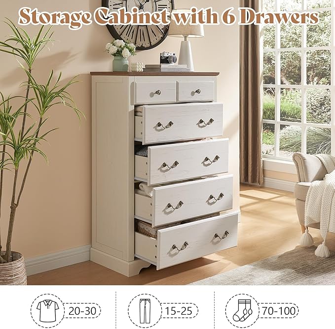 AMERLIFE 2 Piece Bedroom Set Including Farmhouse 7 Drawer Dresser and 6 Chest of Drawers, Wood Tall Dressers Organizer with Metal Handle for Bedroom, White