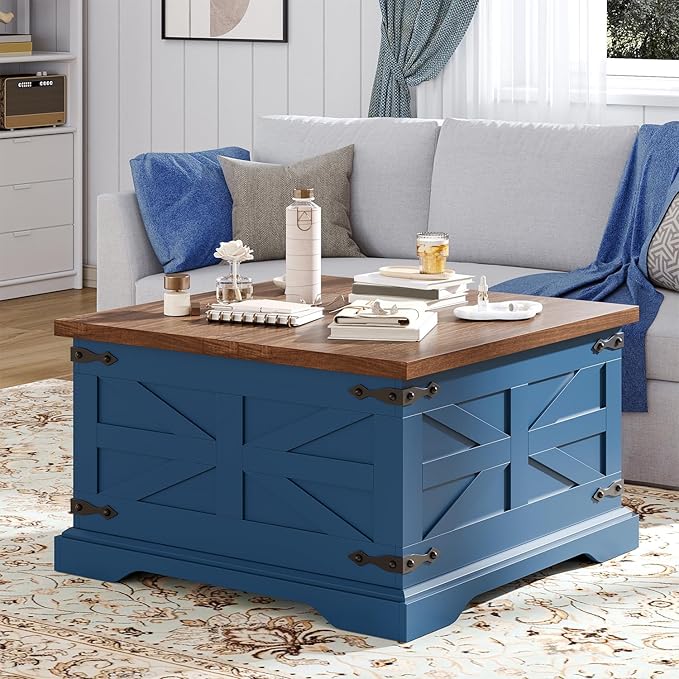 Blue Coffee Table with Storage, Farmhouse Square Center Table with Walnut Top for Living Room, Hinged Lift Soft Close, Large Hidden Storage, Modern Metal Corner, Blue Wood