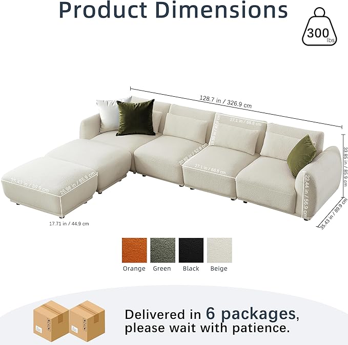 Sectional Sofa Couch, Modern U Shaped Sectional Couch with Ottoman, Modular Sectional Sofa Cloud Couches for Living Room (Beige, 4 Set + 2 Ottoman)