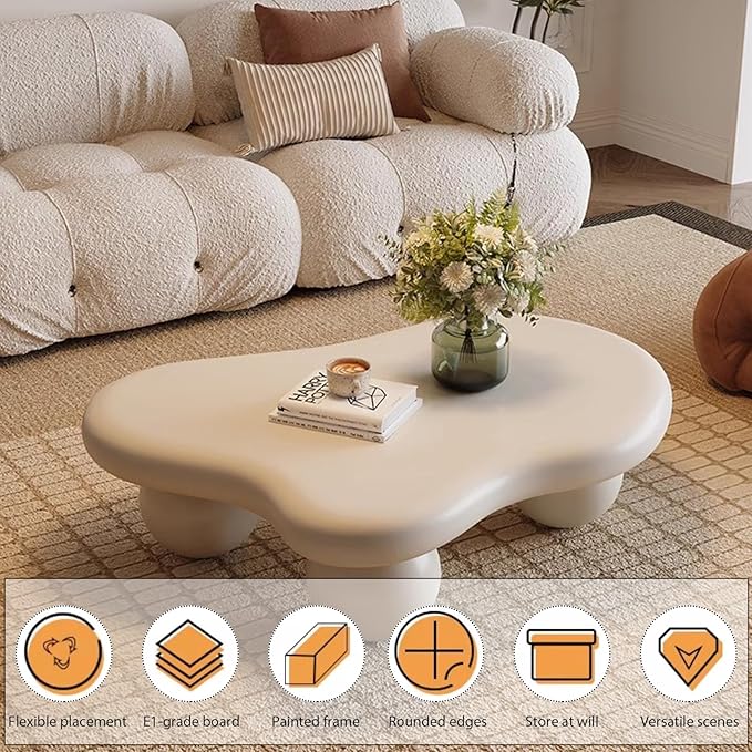 Modern Wooden Coffee Table Cloud Coffee Table Central Living Room Low Table Irregular Indoor End Table White Coffee Tables with 3 Oval Ball Legs for Living Room Bedroom (White Oval Leg A 47.2 inch)
